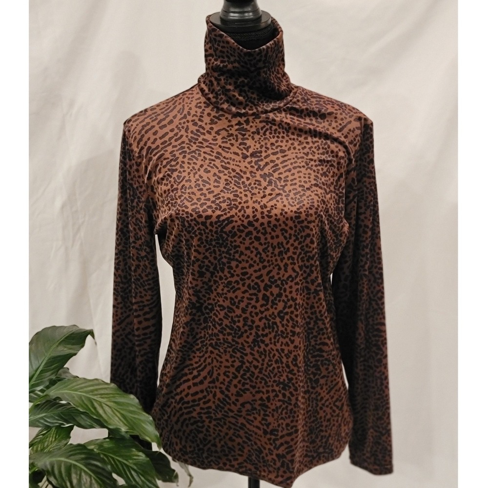 Sno Skins Womens XL Leopard Print Velvet Turtleneck Long Sleeve Top Brown Black